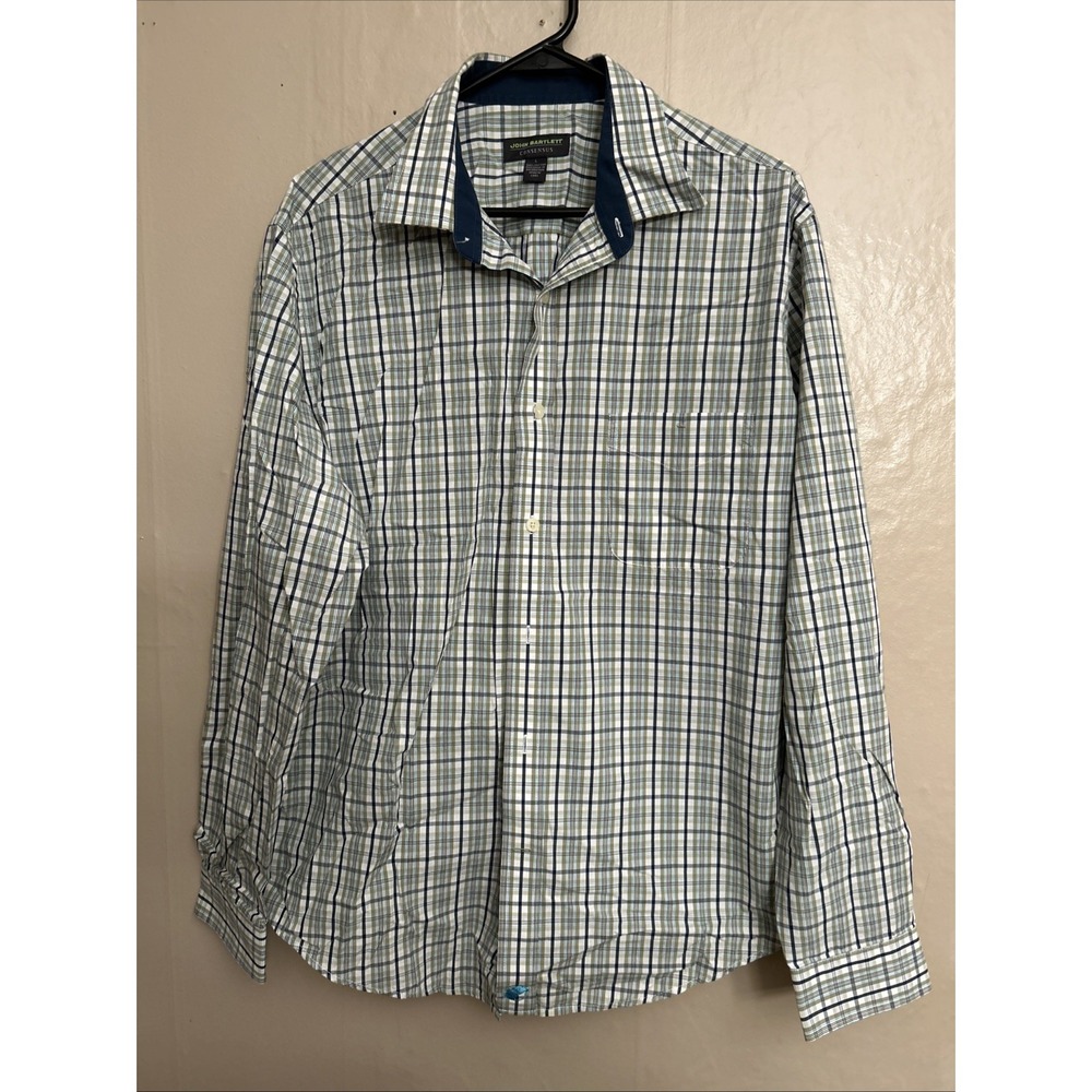 john bartlett consensus Large Navy Green Plaid Dress Shirt‎